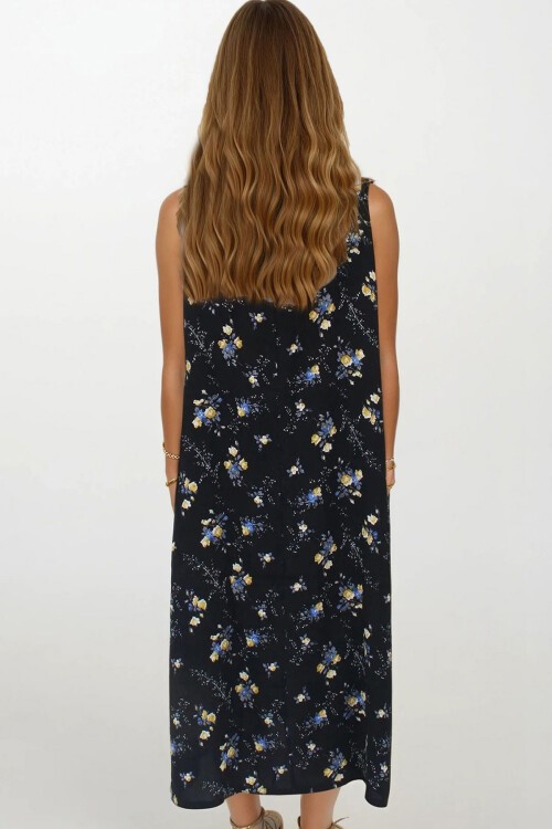 Siyah Çift Cepli Rahat Kesim Desenli Elbise