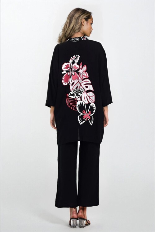 Siyah Desenli Kimono Ve Çift Cepli Pantolon Büyük Beden Alt Üst Takım