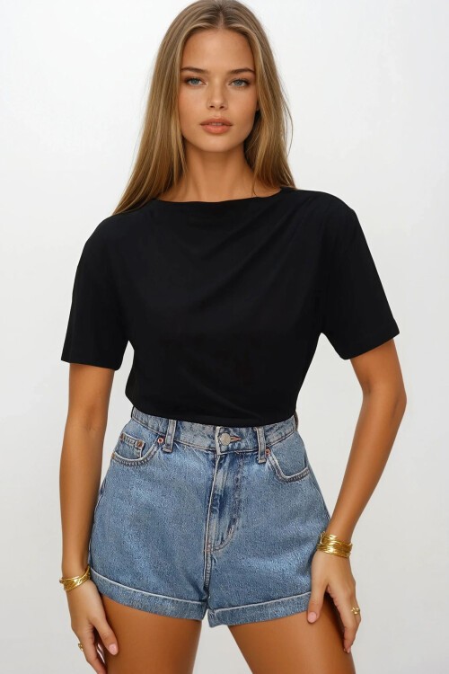 Siyah Dik Yaka Omuzu Drapeli Cotton Bluz