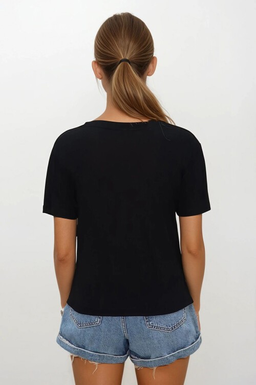 Siyah Dik Yaka Omuzu Drapeli Cotton Bluz