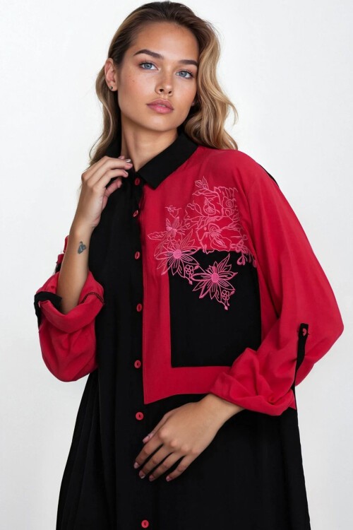 Siyah Gömlek Yaka Renk Bloklu Çiçek Nakışlı Büyük Beden Gömlek Elbise