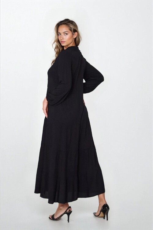 Siyah Hakim Yaka Bağcıklı Yatım Patlı Eteği Fırfırlı Büyük Beden Elbise
