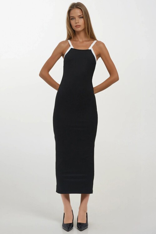 Siyah İnce İp Askılı Kolsuz Midi Boy Elbise