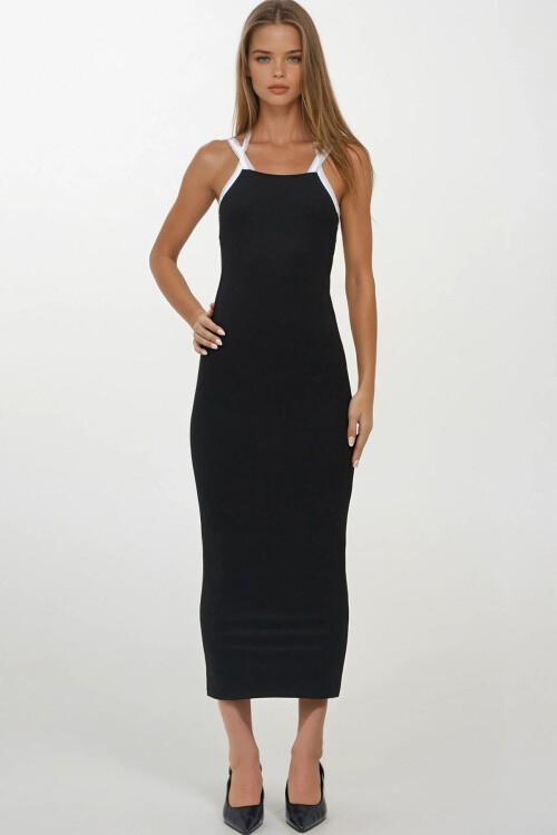 Siyah İnce İp Askılı Kolsuz Midi Boy Elbise