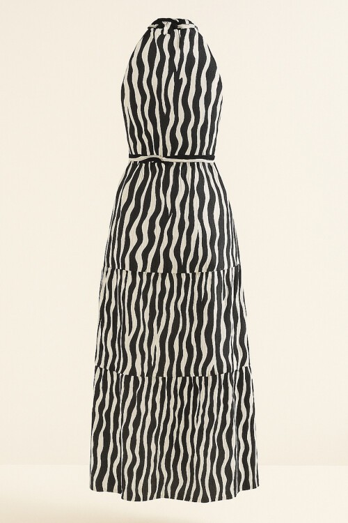 Siyah İp Askılı Bağlama Detaylı Midi Boy Elbise