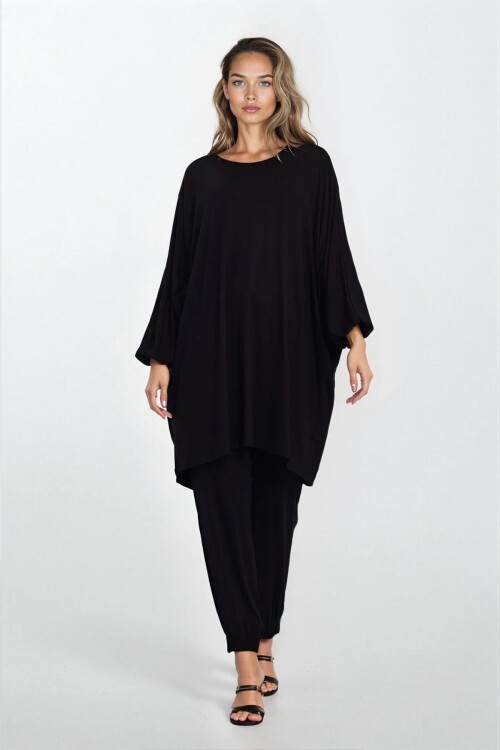 Siyah Kayık Yaka Bileği Ve Paçası Lastikli Büyük Beden Viskon Takım