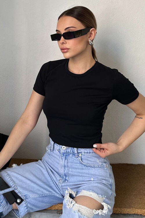 Siyah Kısa Kollu Fitilli Crop Bluz