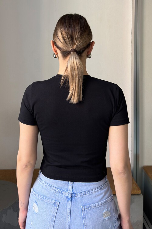 Siyah Kısa Kollu Fitilli Crop Bluz