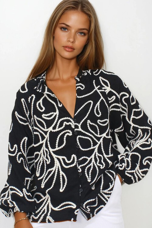 Siyah Kordone Nakışlı Premium Dokuma Gömlek