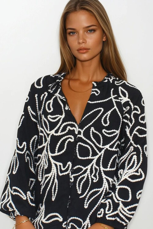 Siyah Kordone Nakışlı Premium Dokuma Gömlek