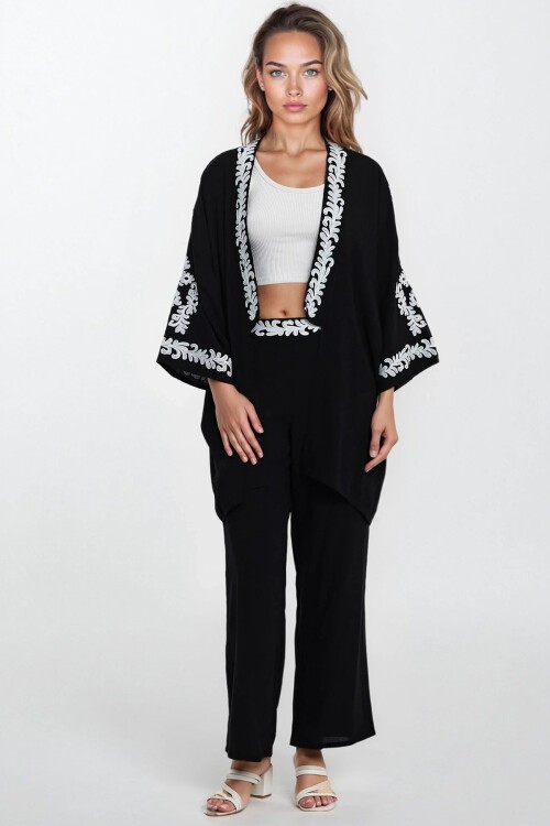 Siyah Nakışlı Kimono Ve Beli Lastikli Kimono Pantolon Büyük Beden Alt Üst Takım