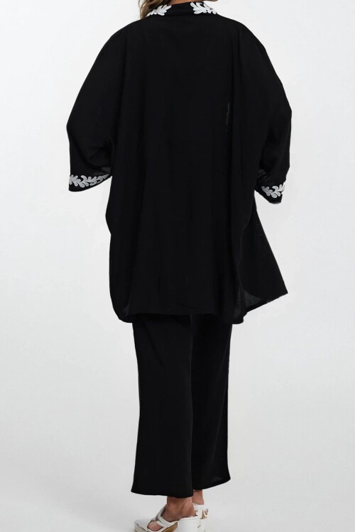 Siyah Nakışlı Kimono Ve Beli Lastikli Kimono Pantolon Büyük Beden Alt Üst Takım