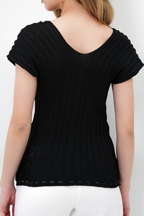 Siyah Ön Arka V Yaka Ajurlu Yazlık Triko Bluz