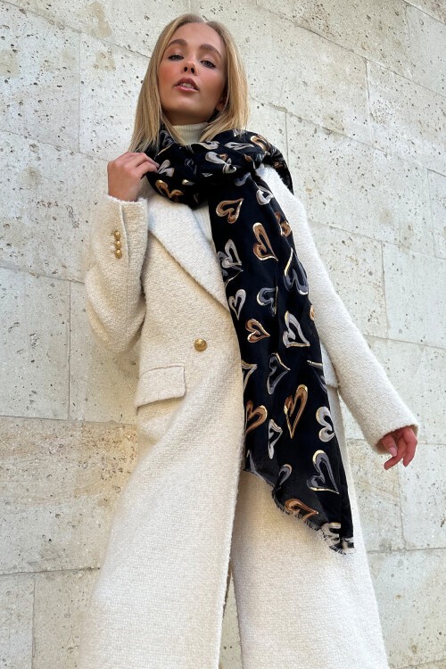 Siyah Püskül Detaylı Desenli Şal