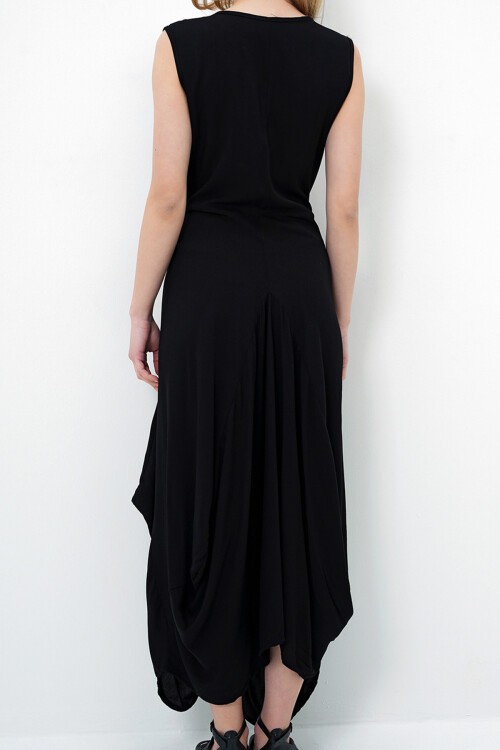 Siyah Şalvar Kesim Nakış İşlemeli Sıfır Kol Dokuma Yazlık Elbise