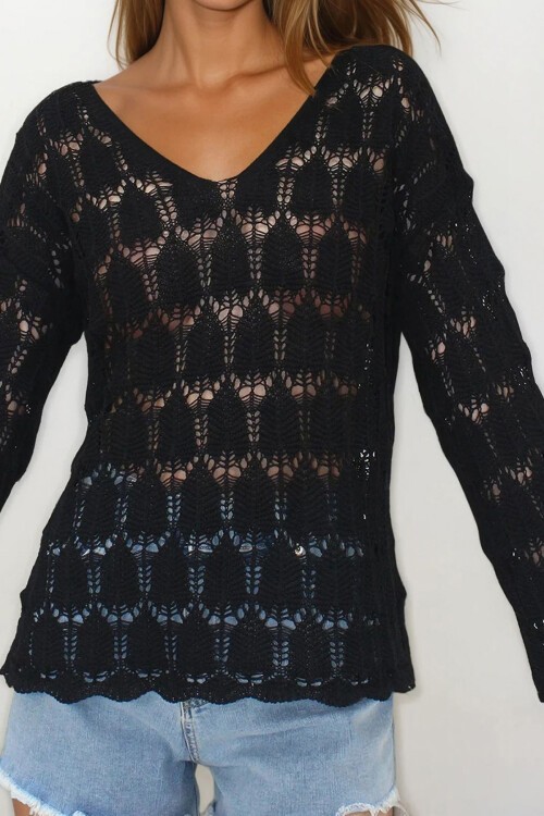 Siyah V Yaka Ajurlu Bluz