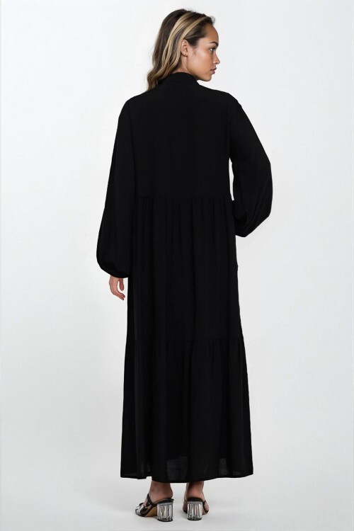 Siyah Yarım Pat Düğme Kapamalı Büyük Beden Viskon Elbise