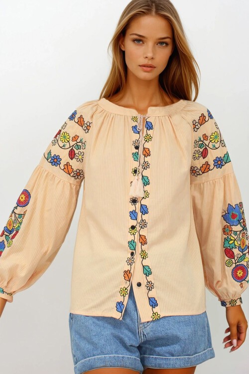 Somon Hakim Yaka Püskül Bağcıklı Nakışlı Armürlü Dokuma Gömlek