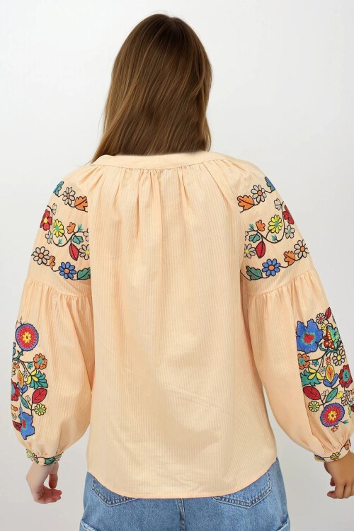 Somon Hakim Yaka Püskül Bağcıklı Nakışlı Armürlü Dokuma Gömlek