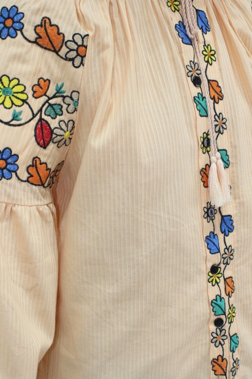 Somon Hakim Yaka Püskül Bağcıklı Nakışlı Armürlü Dokuma Gömlek