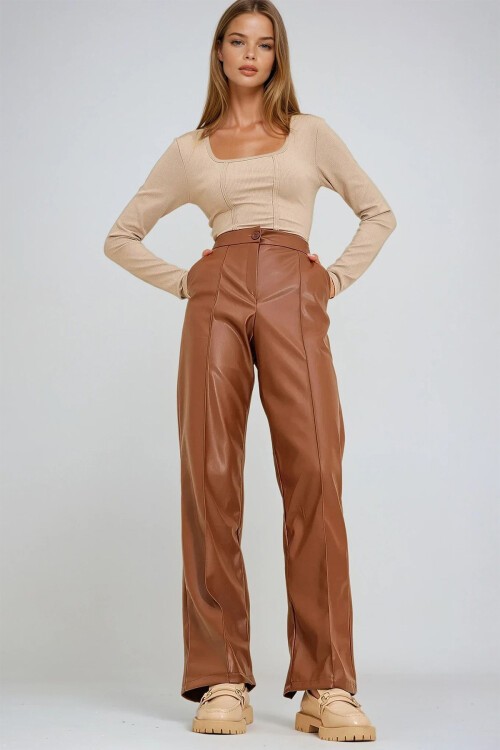 Taba Önü Çimalı Çift Cepli Suni Deri Palazzo Pantolon