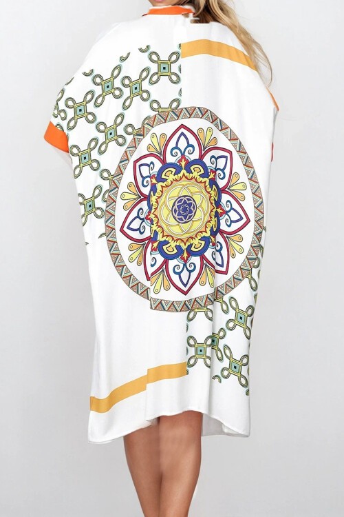 Turuncu Beyaz Hakim Yaka Asimetrik Kesim Yarım Patlı Büyük Beden Elbise