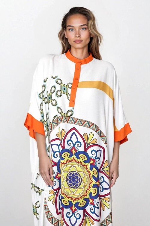 Turuncu Beyaz Hakim Yaka Asimetrik Kesim Yarım Patlı Büyük Beden Elbise