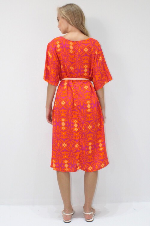 Turuncu Bisiklet Yaka Desenli Rahat Kalıp Dokuma Viskon Elbise
