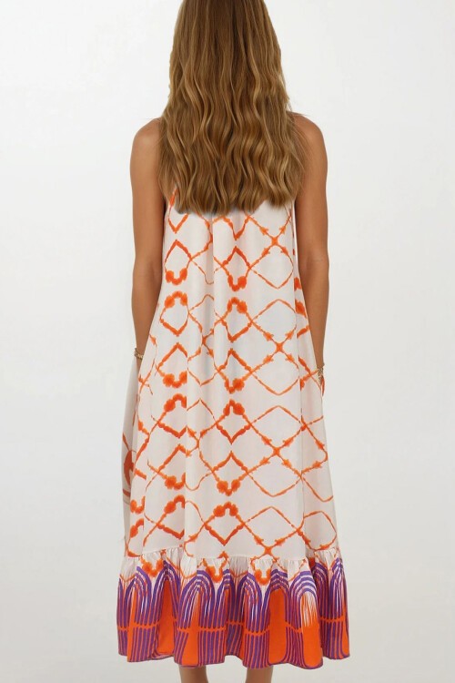 Turuncu Desenli  Bağlamalı Eteği Fileli Maxi Boy Çift Cepli Elbise Elbise