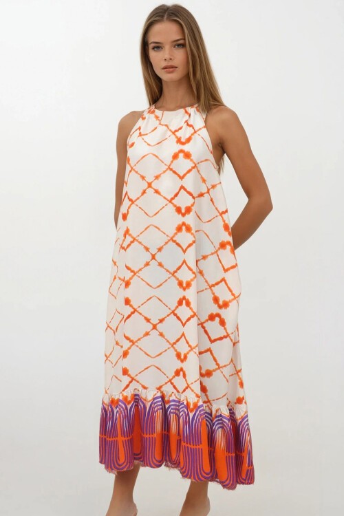 Turuncu Desenli  Bağlamalı Eteği Fileli Maxi Boy Çift Cepli Elbise Elbise