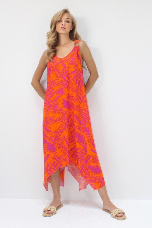 Turuncu Fuşya Asimetrik Kesim Askılı Halka Detaylı Rahat Kalıp Dokuma Viskon Elbise