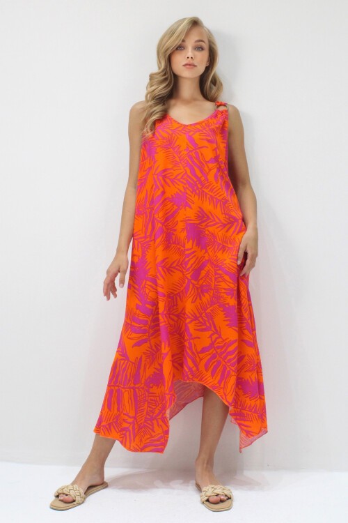 Turuncu Fuşya Asimetrik Kesim Askılı Halka Detaylı Rahat Kalıp Dokuma Viskon Elbise