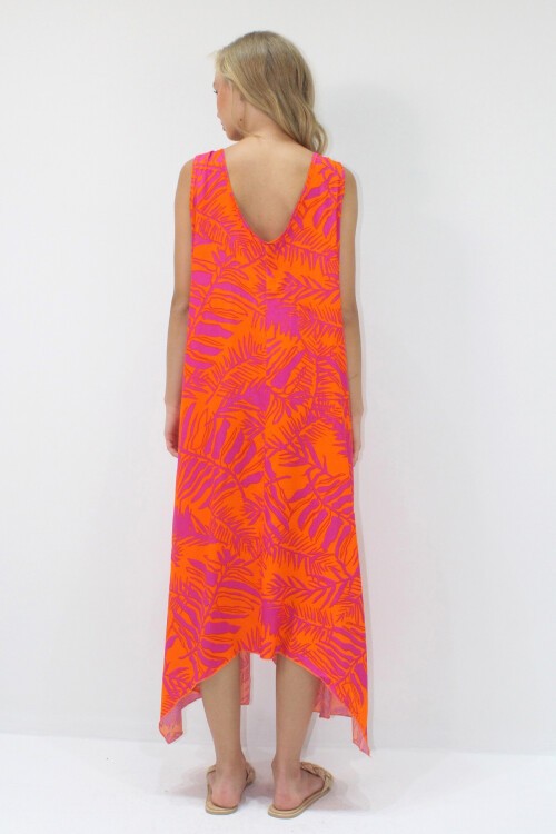 Turuncu Fuşya Asimetrik Kesim Askılı Halka Detaylı Rahat Kalıp Dokuma Viskon Elbise