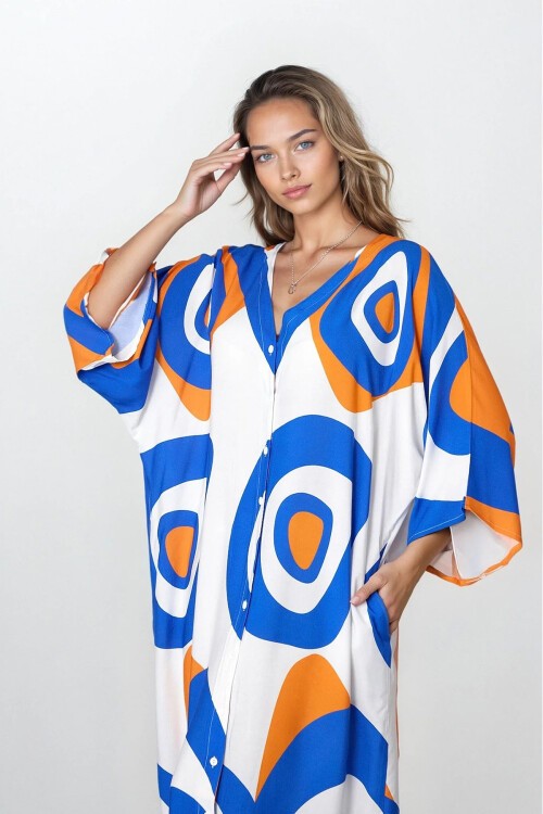 Turuncu Önü Düğmeli Çift Cepli Büyük Beden Viskon Elbise