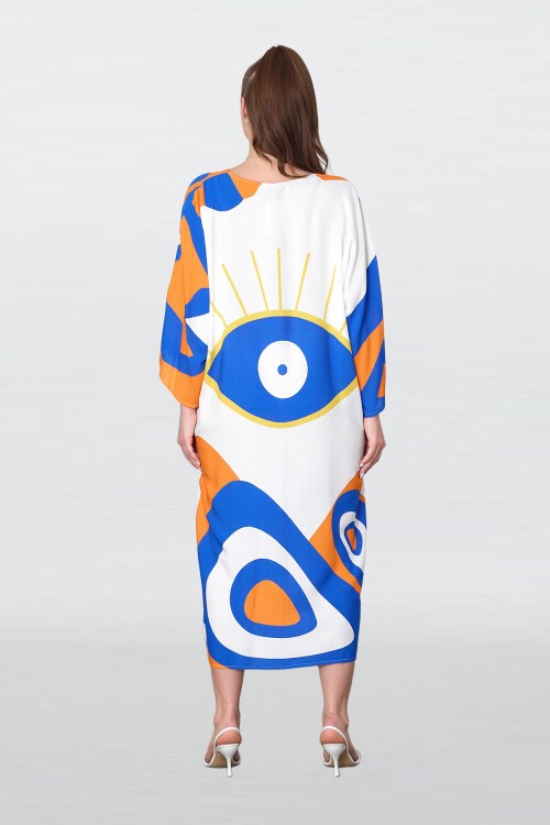 Turuncu Önü Düğmeli Çift Cepli Büyük Beden Viskon Elbise