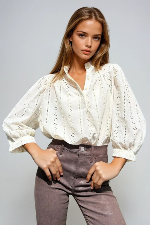 Vanilya Hakim Yaka Gizli Patlı Fisto Dokuma Bluz