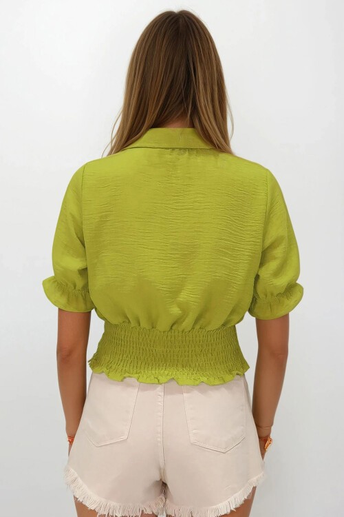 Yağ Yeşili Beli Lastikli Düğme Kapamalı Gömlek Yaka Bluz