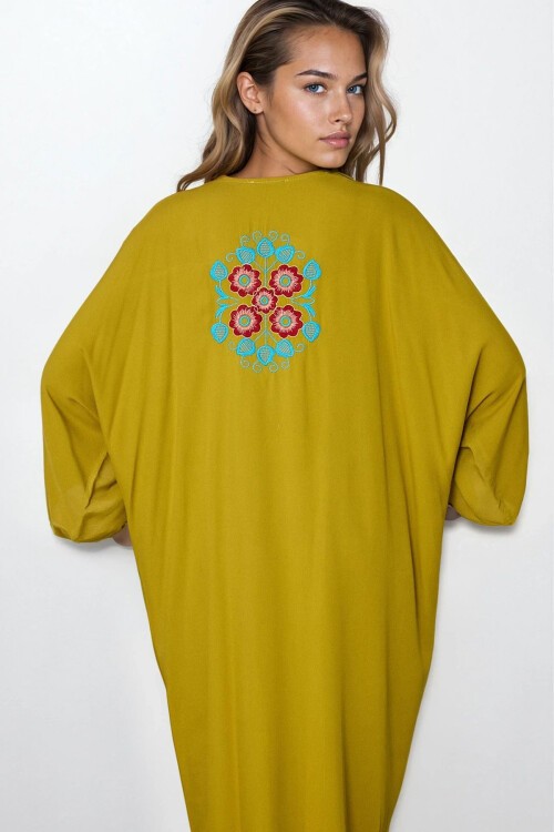 Yağ Yeşili Önü Düğmeli Nakışlı Büyük Beden Viskon Elbise