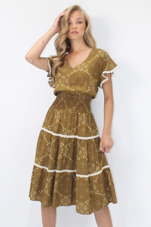 Yağ Yeşili V Yaka Etnik Desenli Fisto Detaylı Beli Gipeli Dokuma Elbise