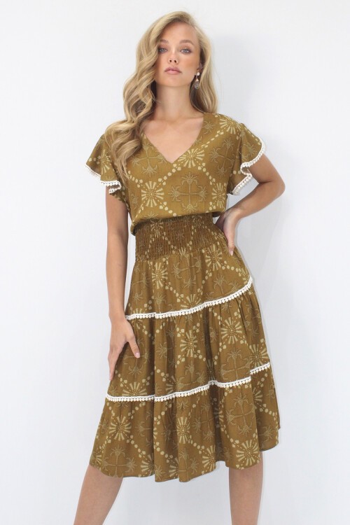 Yağ Yeşili V Yaka Etnik Desenli Fisto Detaylı Beli Gipeli Dokuma Elbise