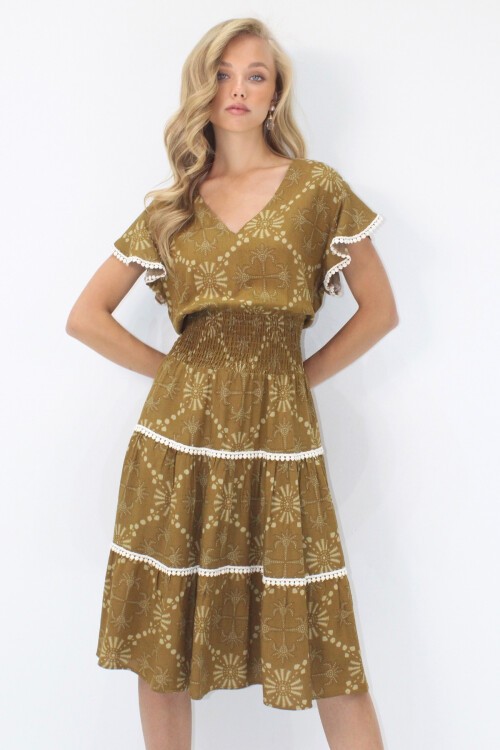 Yağ Yeşili V Yaka Etnik Desenli Fisto Detaylı Beli Gipeli Dokuma Elbise