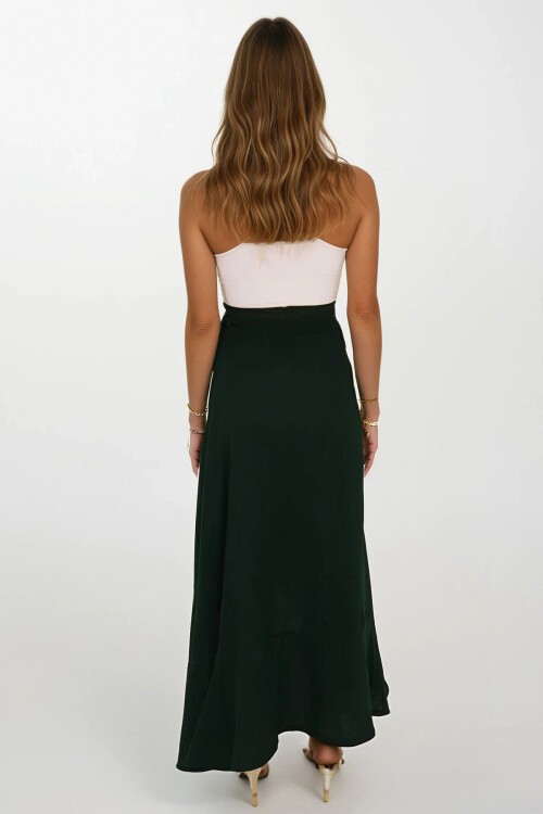 Yeşil Asimetrik Kesim Düğme Kapamalı Müslin Etek