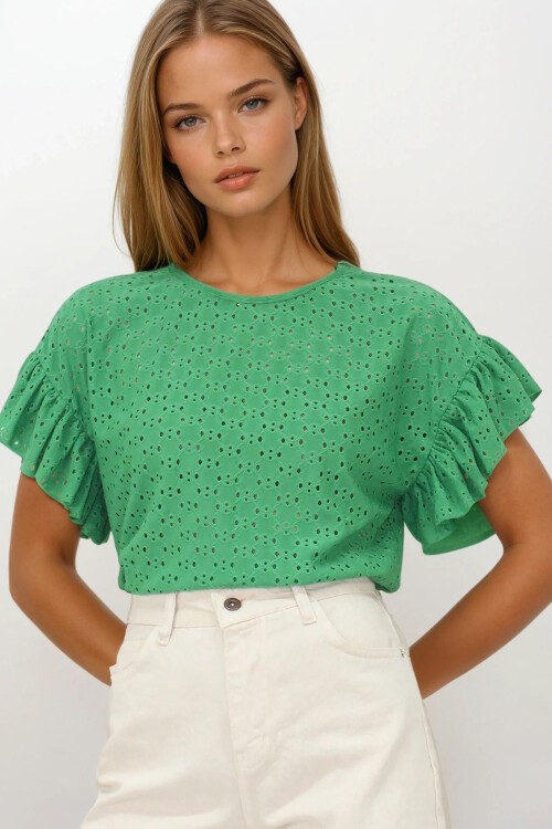 Yeşil Bisiklet Yaka Delik Ajurlu Kolları Fırfırlı Örme Bluz