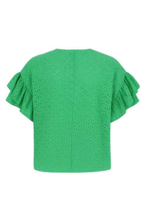 Yeşil Bisiklet Yaka Delik Ajurlu Kolları Fırfırlı Örme Bluz