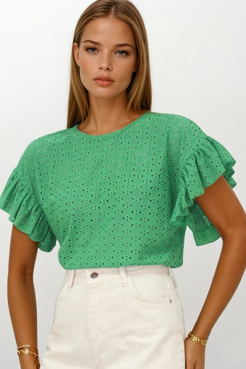 Yeşil Bisiklet Yaka Delik Ajurlu Kolları Fırfırlı Örme Bluz