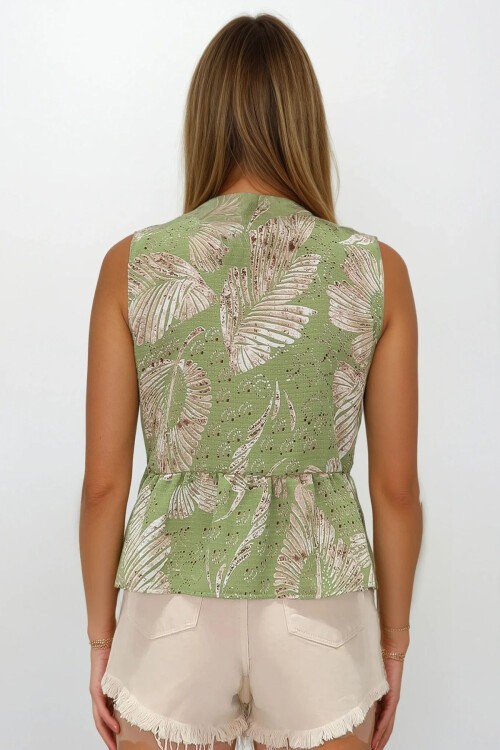 Yeşil Bisiklet Yaka Fiyonklu Desenli Eteği Valonlu Dokuma Bluz