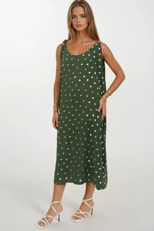 Yeşil Çift Cepli Rahat Kesim Desenli Elbise