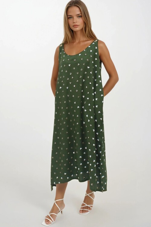 Yeşil Çift Cepli Rahat Kesim Desenli Elbise