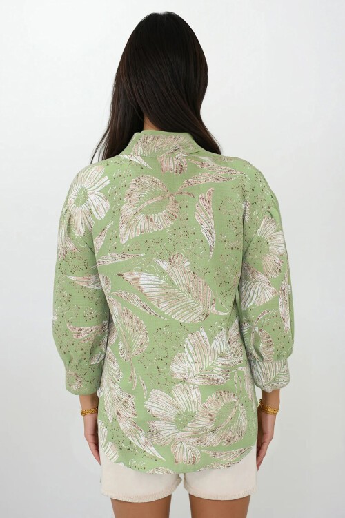 Yeşil Desenli Balon Kol Gizli Patlı Gömlek