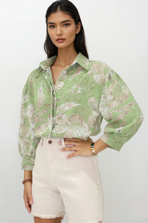 Yeşil Desenli Balon Kol Gizli Patlı Gömlek